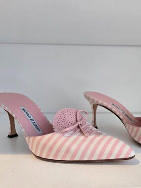 Manolo Blahnik Pink and White Striped Pointed Toe Mules